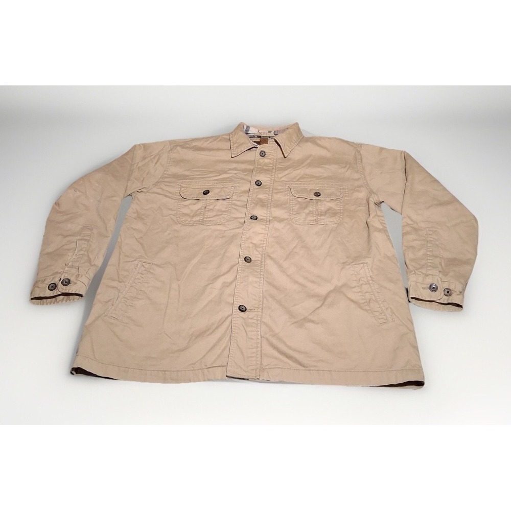 St Johns Bay Mens XL Tan Canvas Shirt Jacket Quilted Lined Heavyweight Shacket